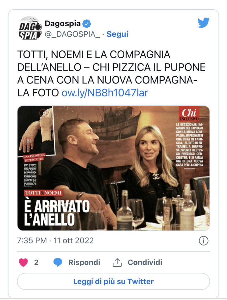 Francesco Totti e Noemi, la donna sfoggia l’anello di fidanzamento 2