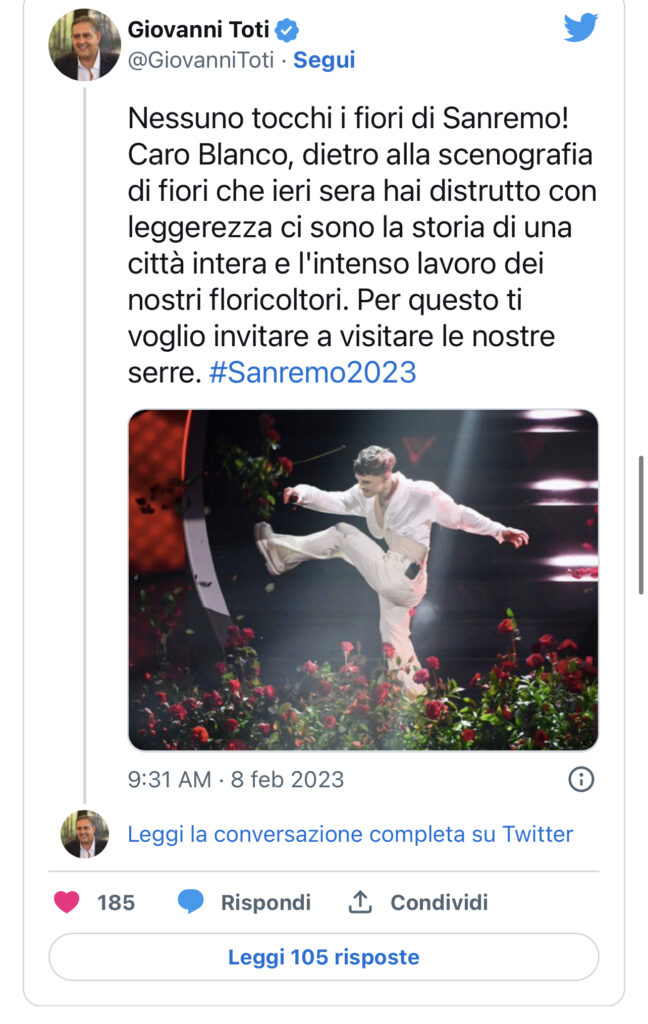 Sanremo 2023, Blanco denunciato dopo aver distrutto la scenografia 2