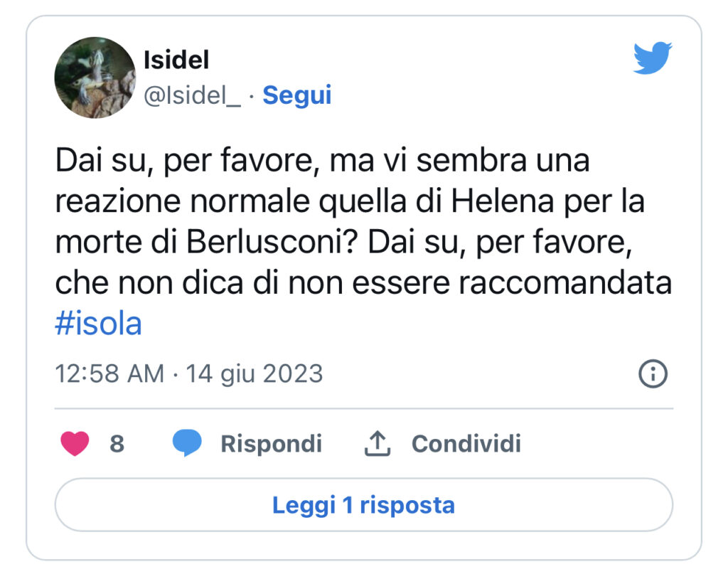 Isola, la reazione di Helena alla scomparsa di Silvio Berlusconi 3