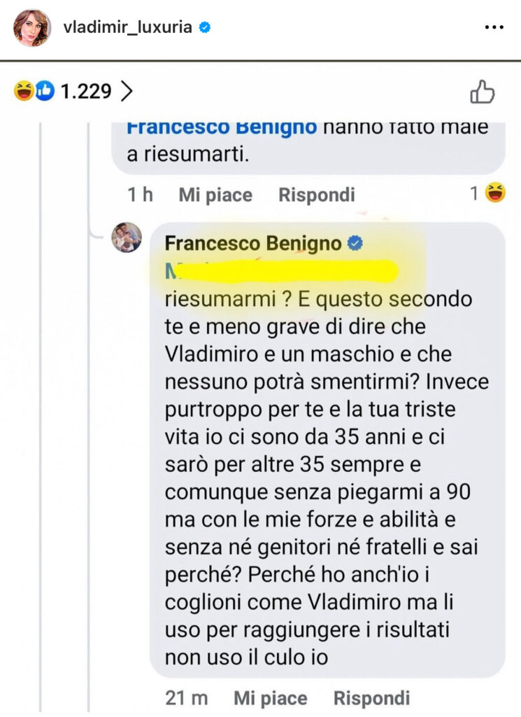 Isola, Vladimir risponde alle offese di Francesco Benigno 2