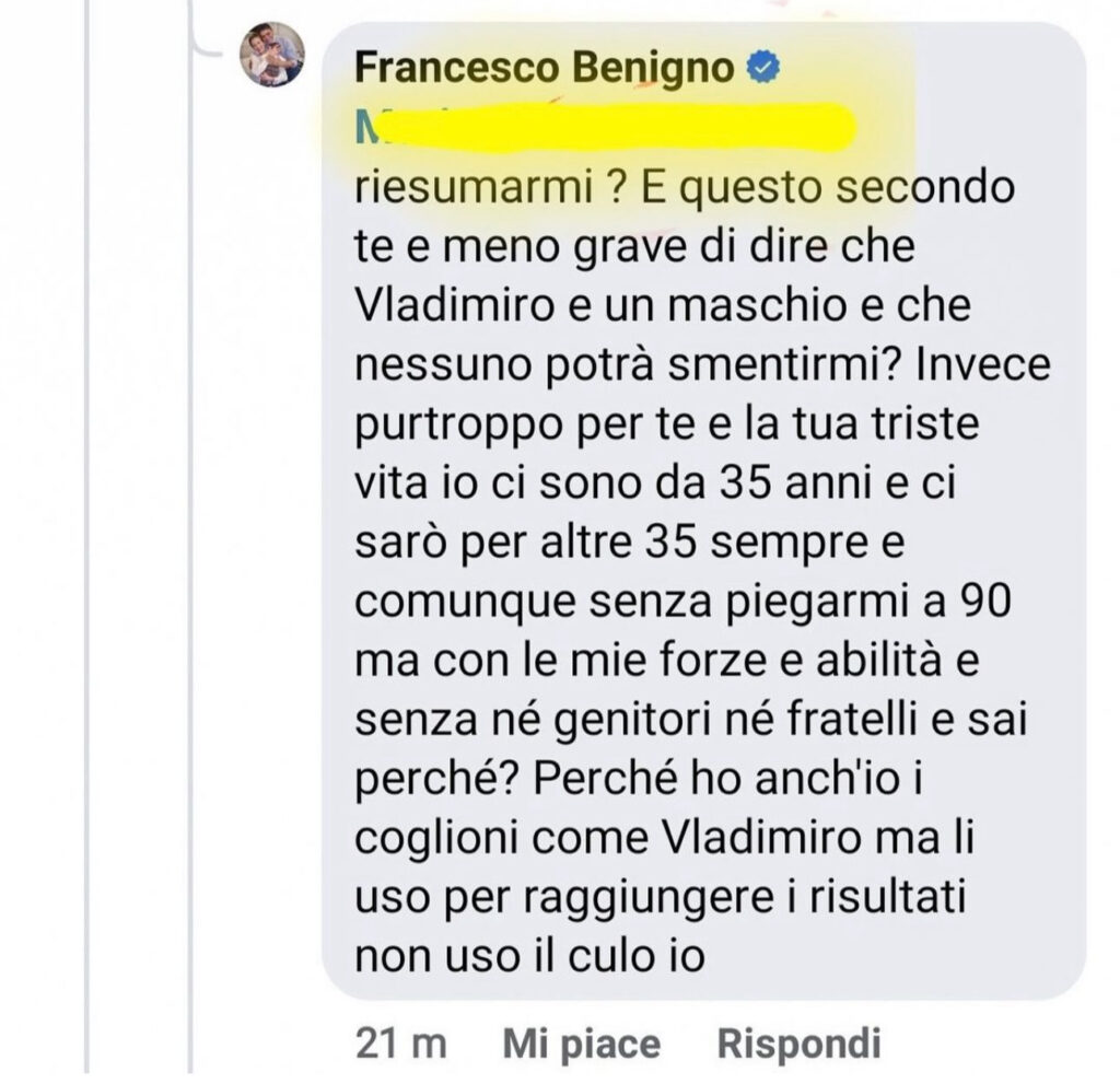 Isola, Francesco Benigni e l’attacco verso Vladmir che scatena la polemica 2