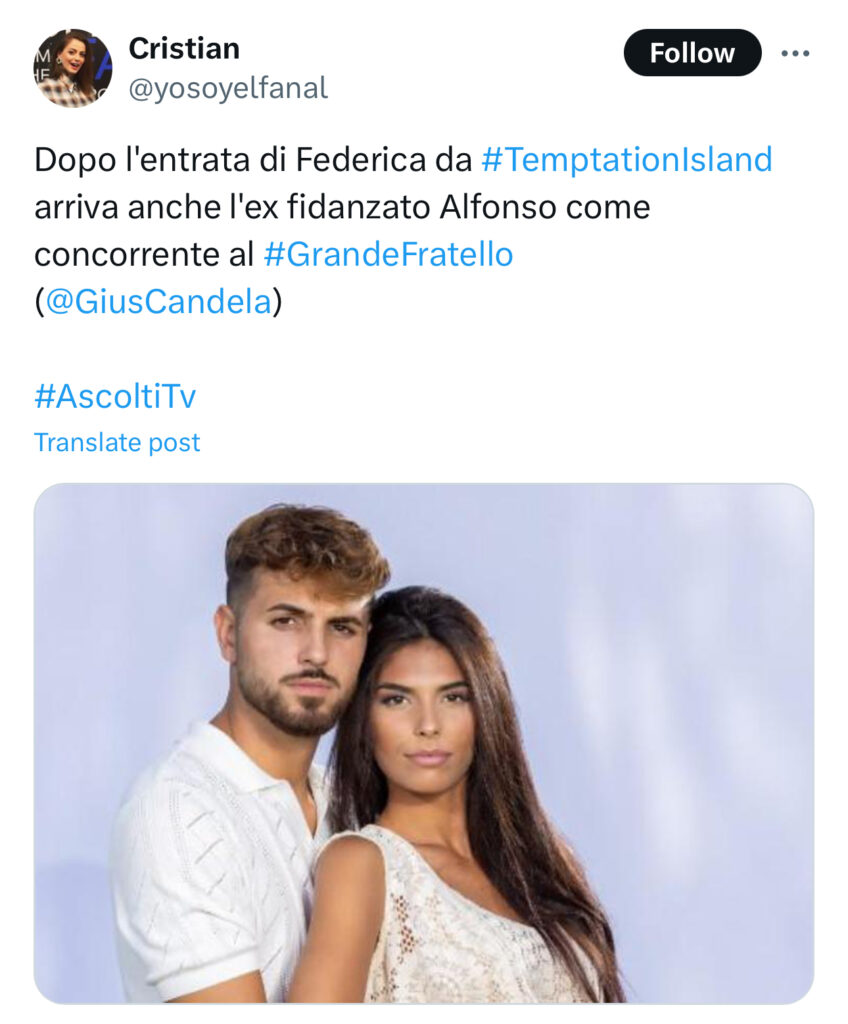 Grande Fratello, oltre a Federica un altro protagonista di Temptation Island entra 4