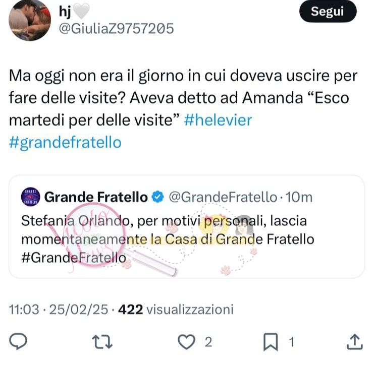 Grande Fratello, Stefania Orlando esce momentaneamente dalla casa 2